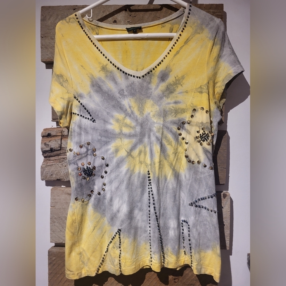 Yellow and Gray Tie-Dye Embellished Women's Top